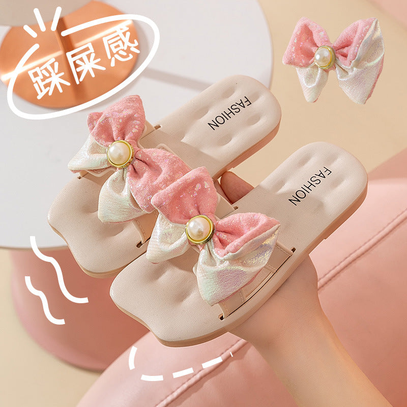 Pearl Fleece Bow Slides for Girls with Anti-Slip Sole