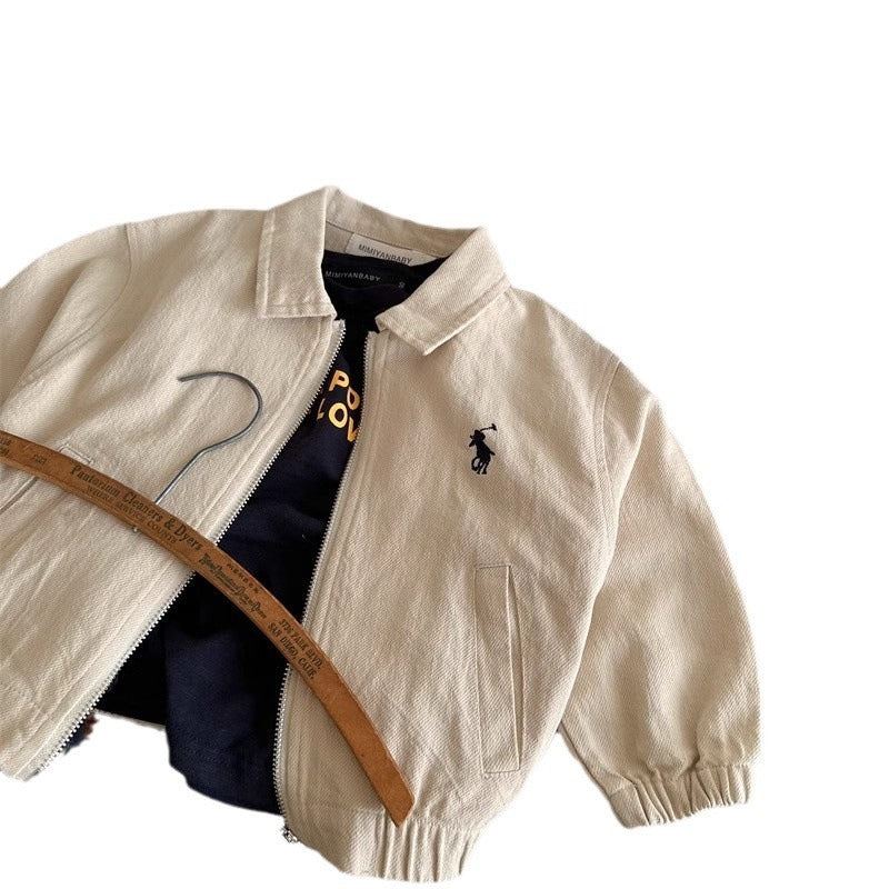 Cotton Lapel Jacket for Boys, Long Sleeve Zip-Up Mid-Length