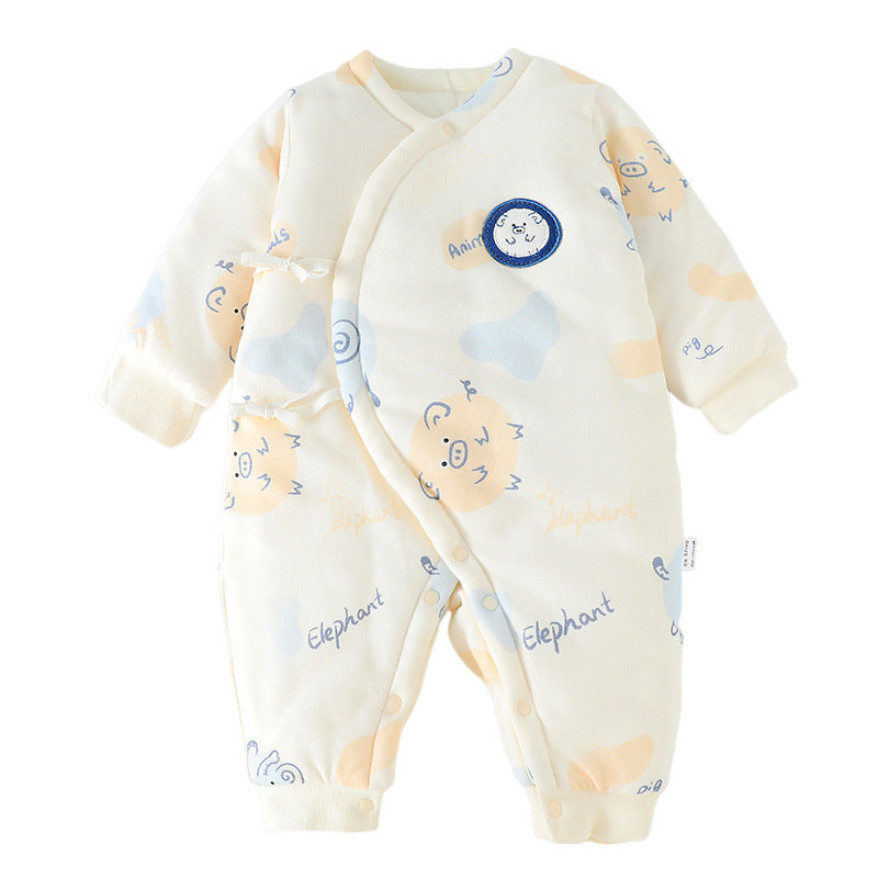 Thickened Cotton Baby Jumpsuit, Quilted Newborn V-Neck