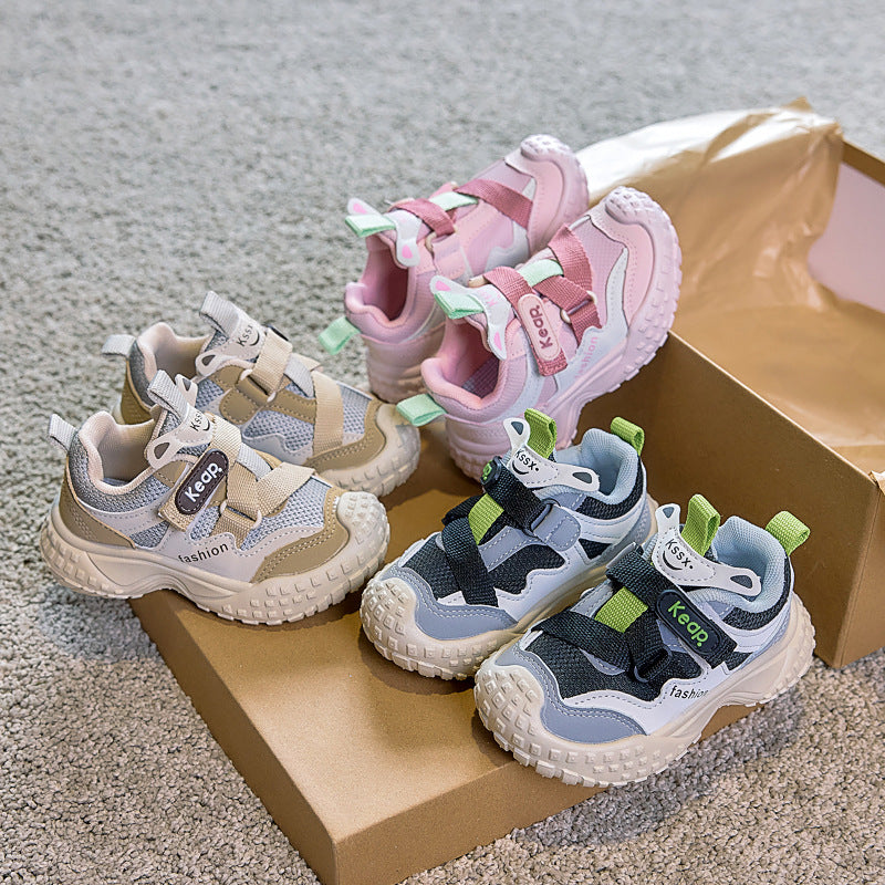 Solid Color Kids' Dad Shoes with Breathable PU-Mesh Upper
