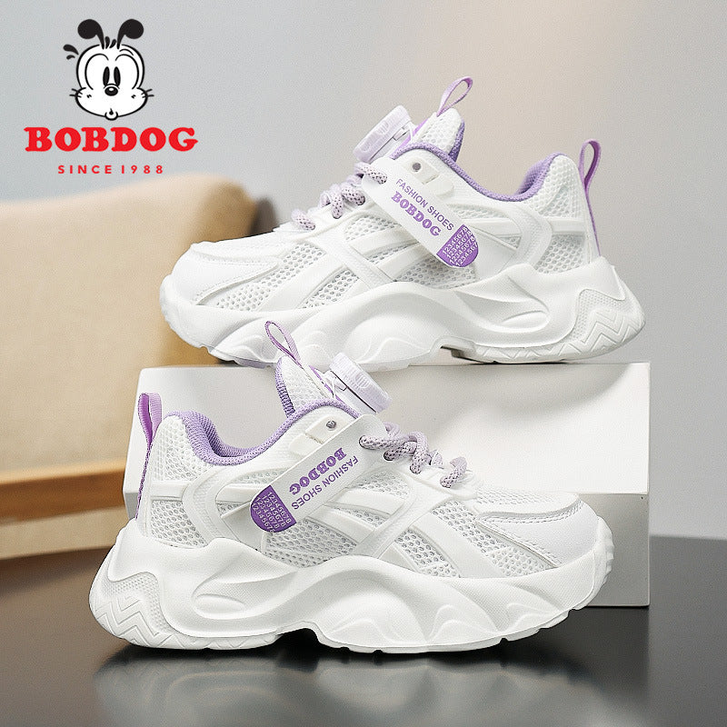 White Double-Mesh Girls' Dad Shoes with Rotary Buckle