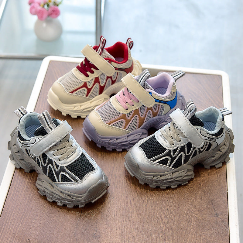 Color-Spliced Kids' Dad Shoes with Waterproof PU-Mesh Upper