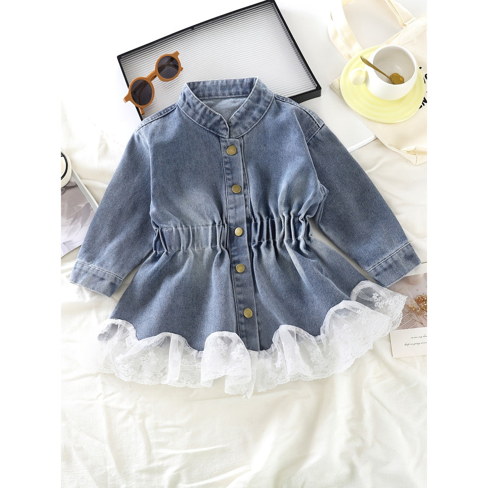 Waist-Cinched Girls' Jacket with Lace Trim in Polyester
