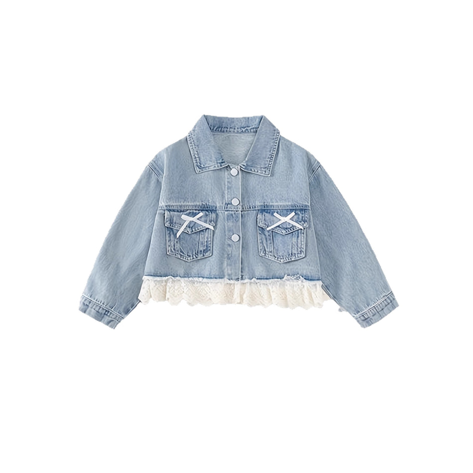 Lace-Spliced Girls' Denim Jacket with Bow Lapel Detail