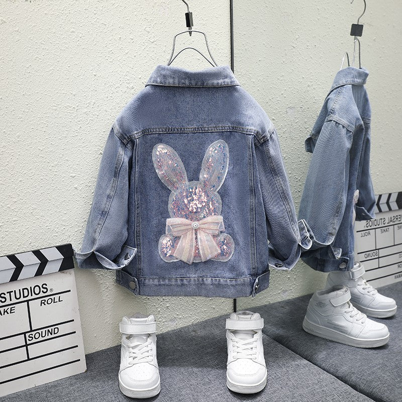 Sequin Rabbit Denim Jacket for Girls with Bow Detail