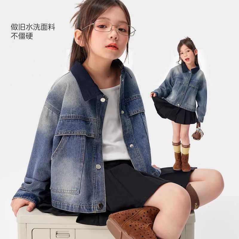 Retro Blue Girls' Denim Jacket with Lapel Detail