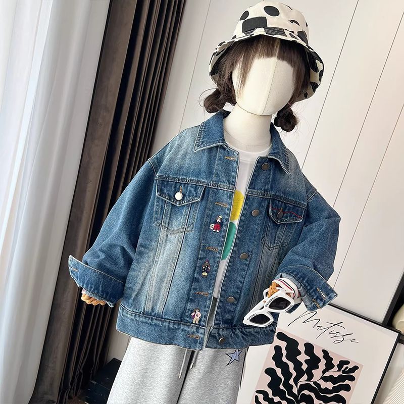 Embroidered Girls' Retro Denim Jacket with Lapel Detail