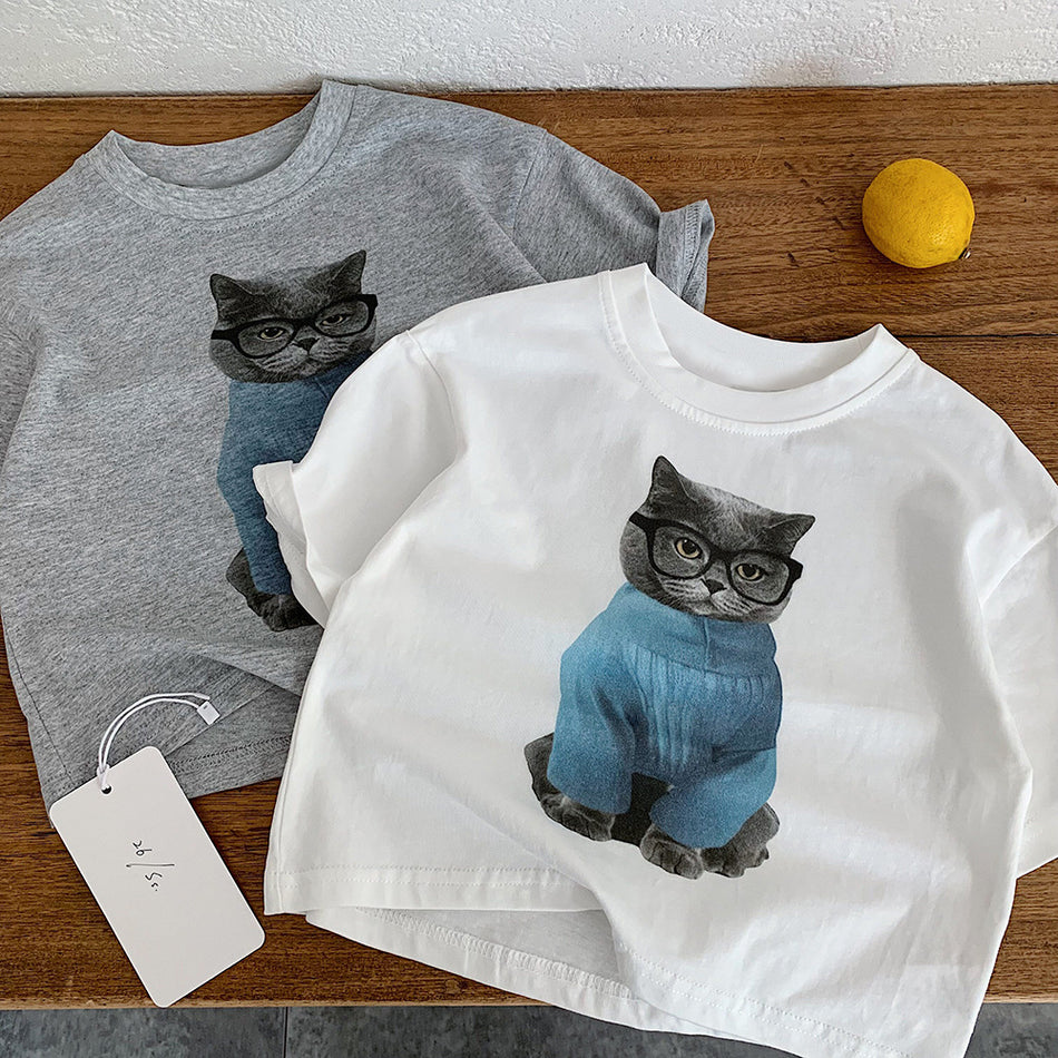 Unisex Kids' 100% Cotton Cartoon Kitten T-Shirt