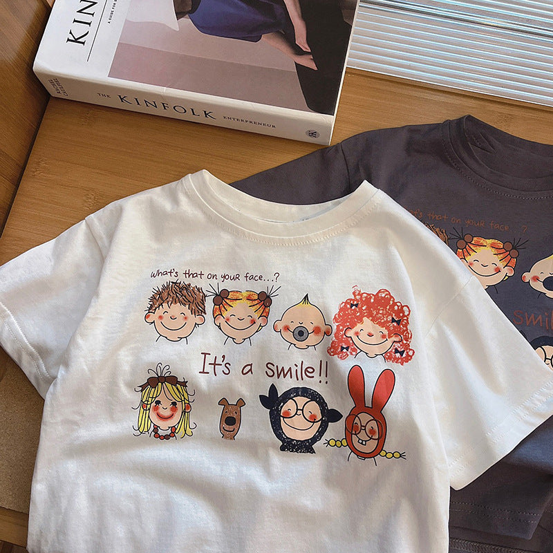 Unisex Kids' 100% Cotton Small Head Cartoon T-Shirt