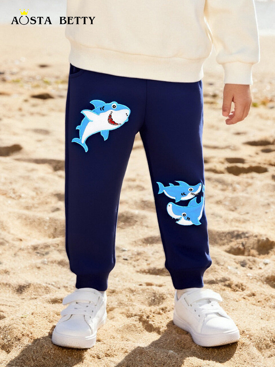 Boys' 100% Cotton Shark Embroidered Sweatpants