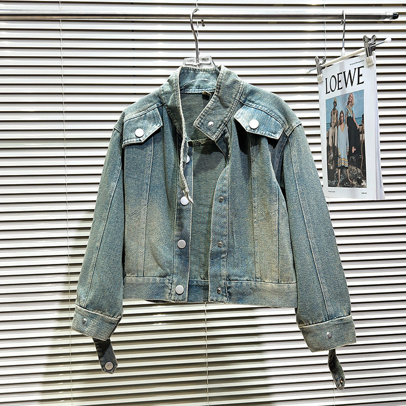 Retro Denim Jacket for Girls with Stand Collar Design