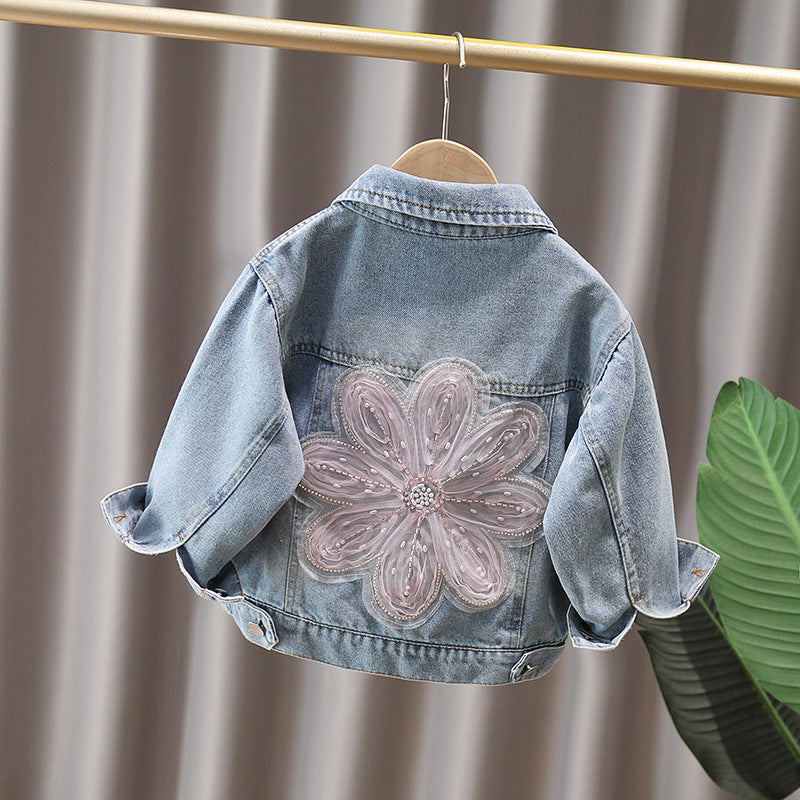 Cartoon Print Girls' Denim Jacket with Bead Embroidery