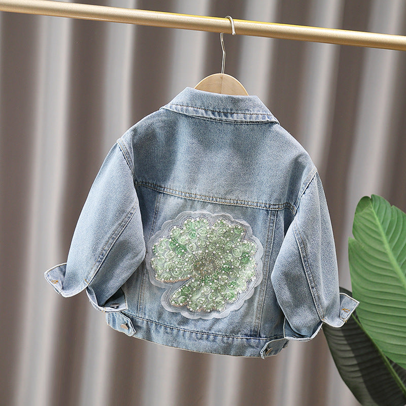 Cartoon Print Girls' Denim Jacket with Bead Embroidery
