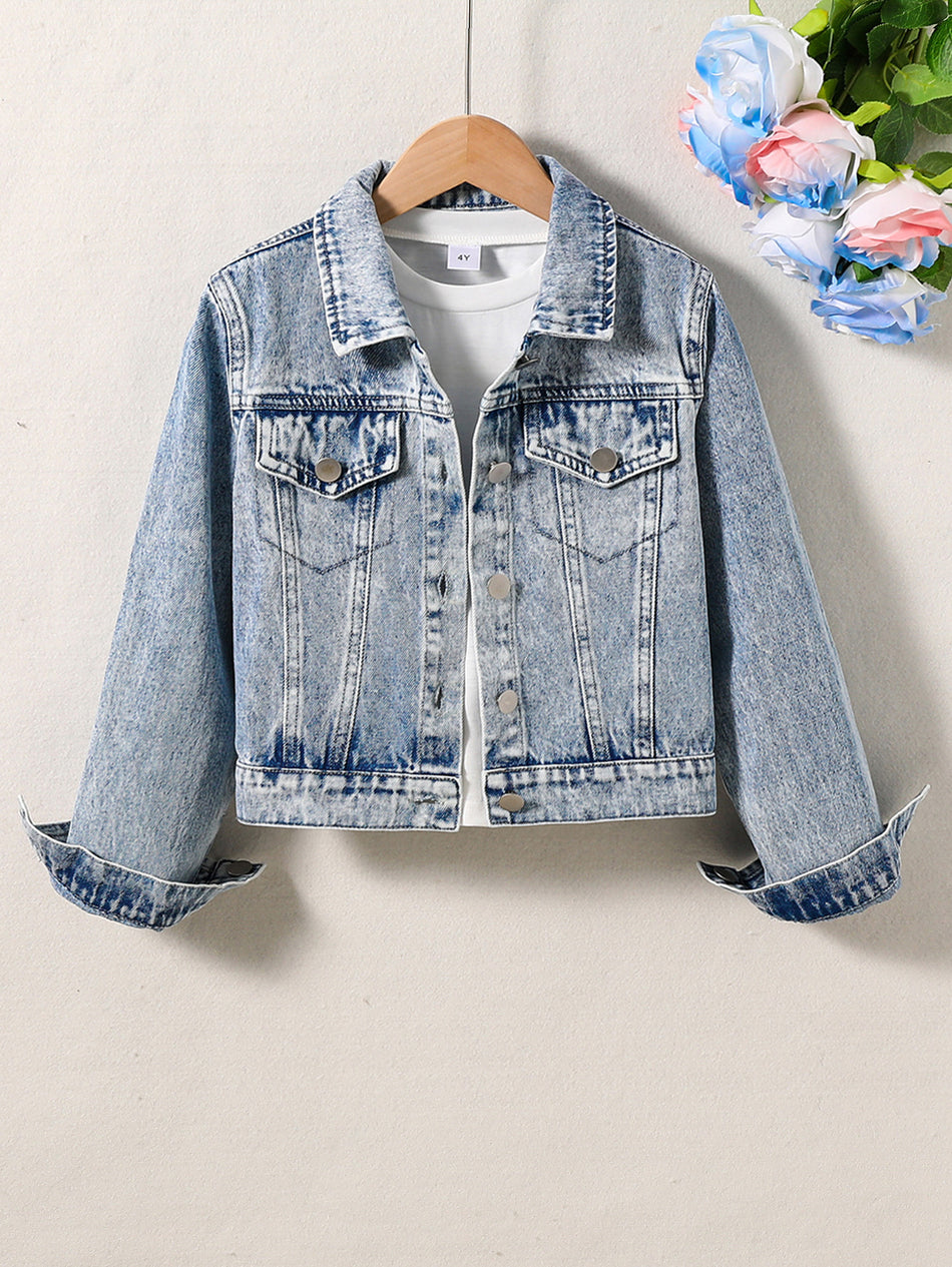 Vintage Enzyme-Washed Girls' Denim Jacket in Light Blue