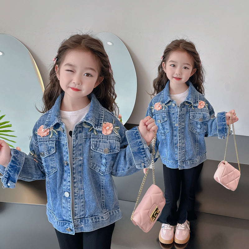 Embroidered Girls' Denim Jacket with Bow and Floral Detail