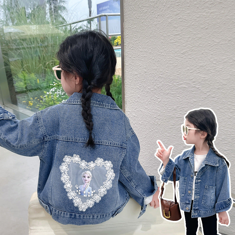 Loose Fit Girls' Denim Jacket with Embroidered Bow Detail