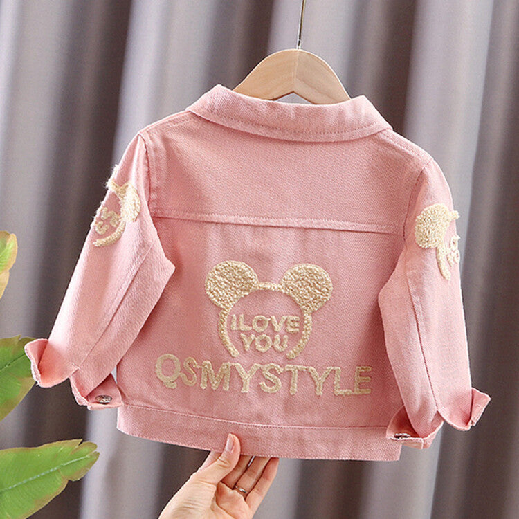Cartoon Embroidered Girls' Denim Jacket in Soft Pink