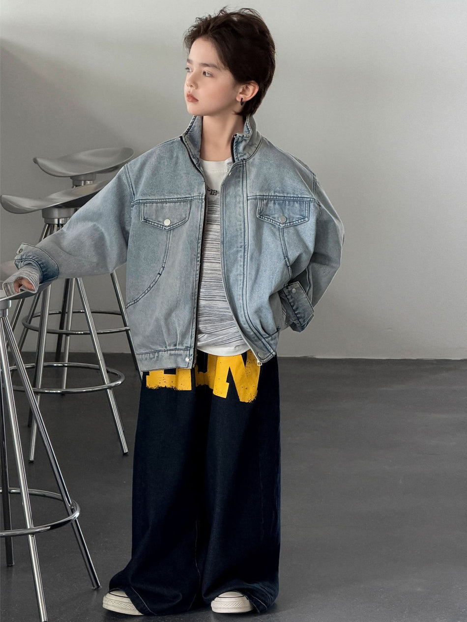 Solid Color Boys' Denim Jacket in Soft Enzyme-Washed Cotton