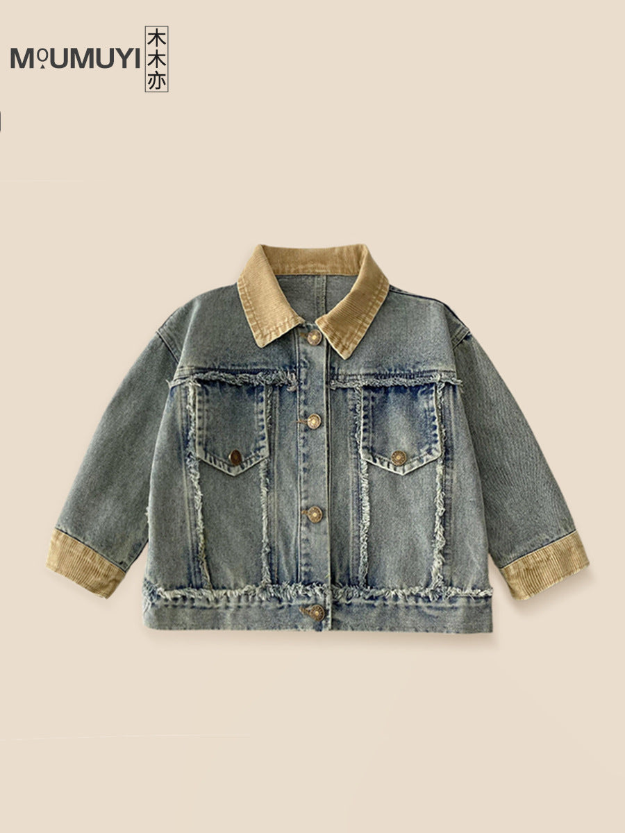 Solid Color Kids' Spliced Denim Jacket in Korean Style