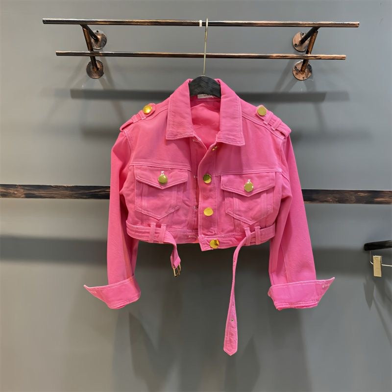 Solid Color Girls' Denim Jacket with Metal Buckle Lapel