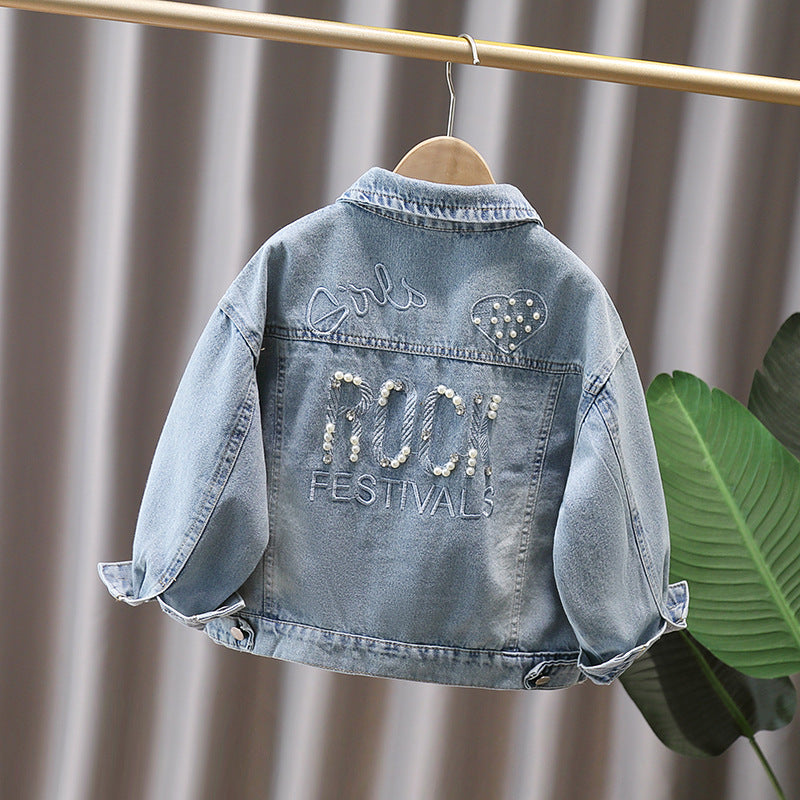 Cartoon Print Girls' Denim Jacket with Bead Embroidery