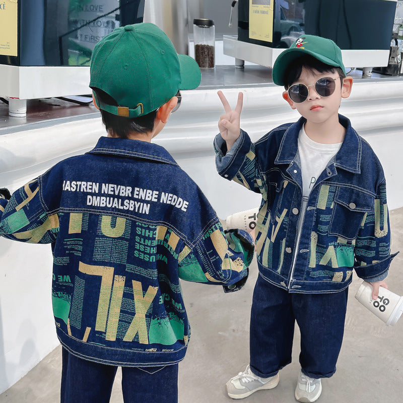 Casual Cotton Denim Jacket for Boys with Letter Detail