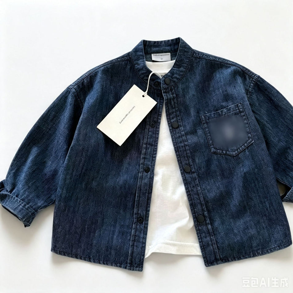 Solid Color Kids' Denim Shirt Jacket with Stand Collar