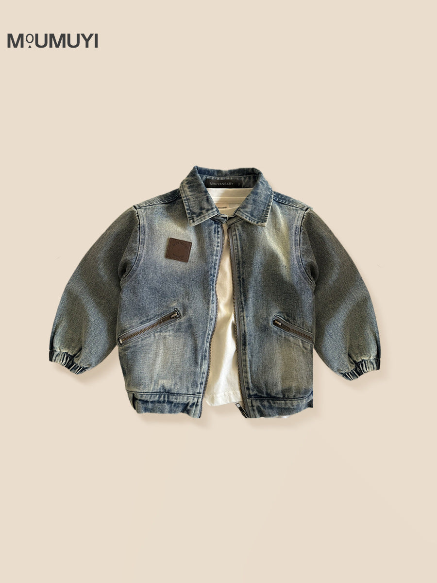 Solid Color Boys' Denim Jacket with Zipper Closure