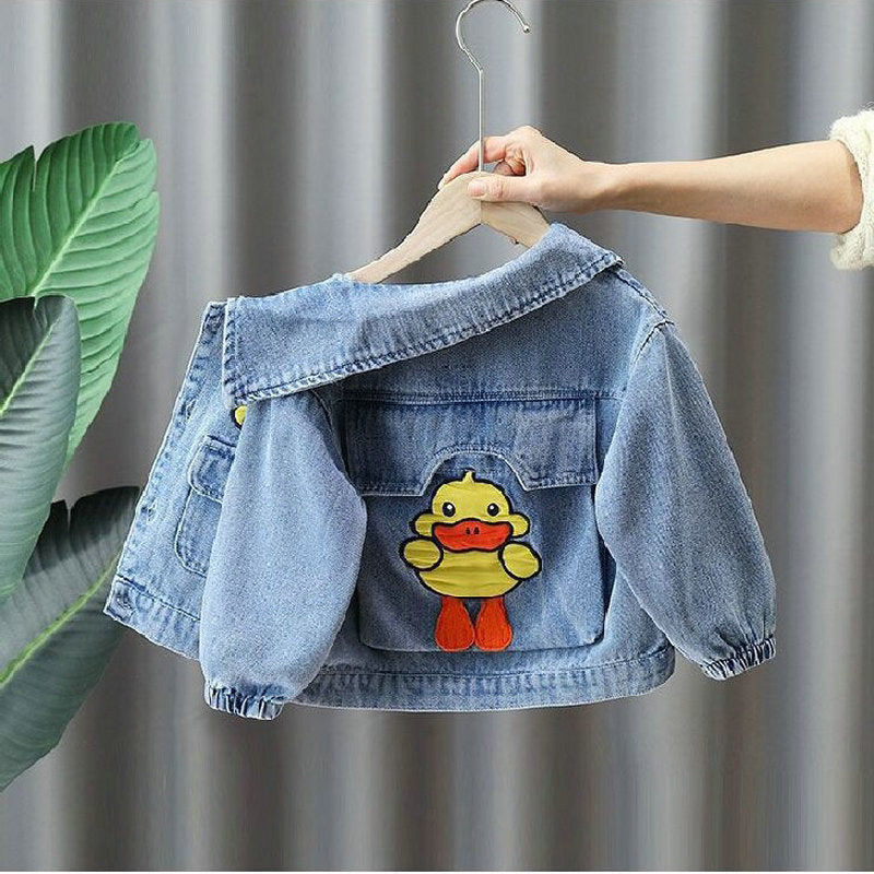 Solid Color Kids' Zipper Denim Jacket with Pleated Detail