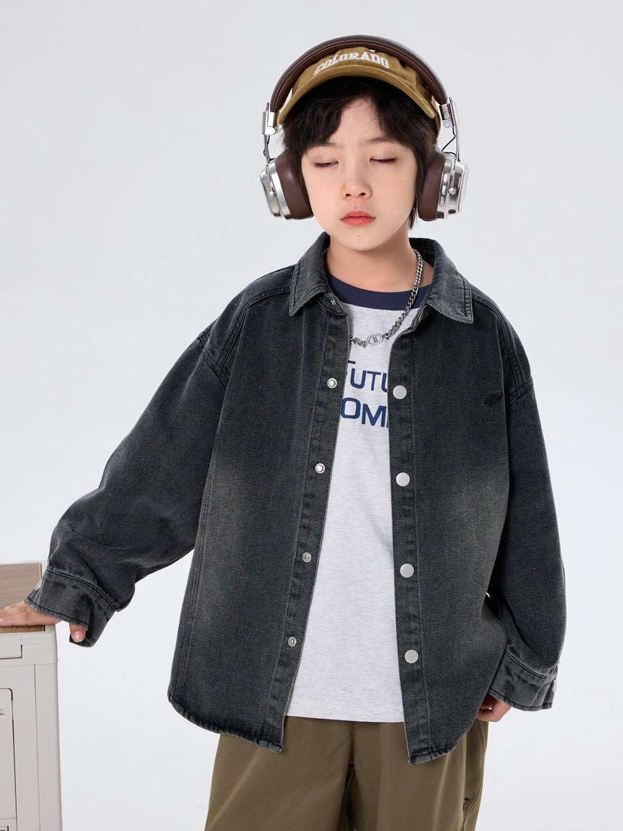 Solid Color Boys' Denim Cardigan in Casual Leisure Style