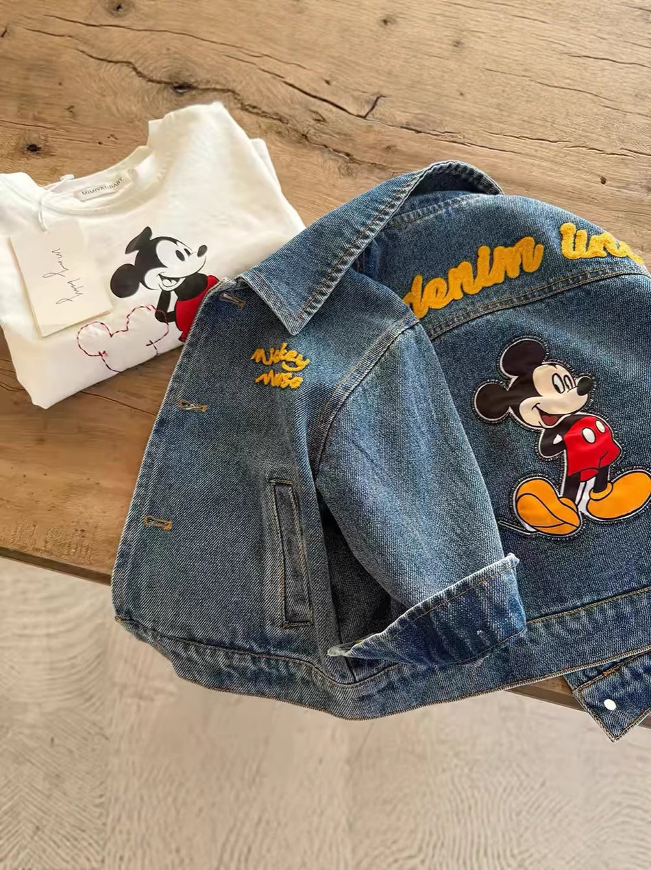 Cartoon Print Kids' Denim Jacket in Enzyme-Washed Blue
