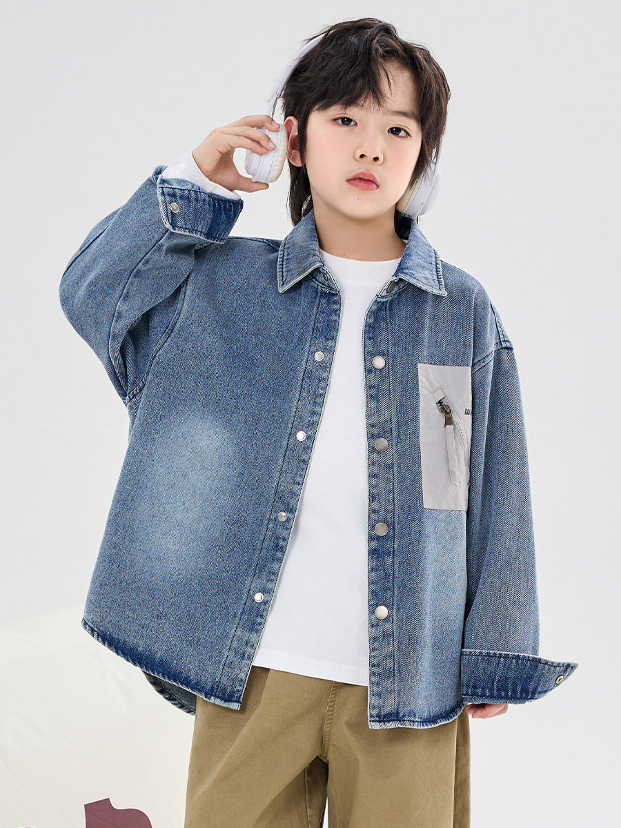 Solid Color Boys' Denim Shirt Jacket in Casual Korean Style
