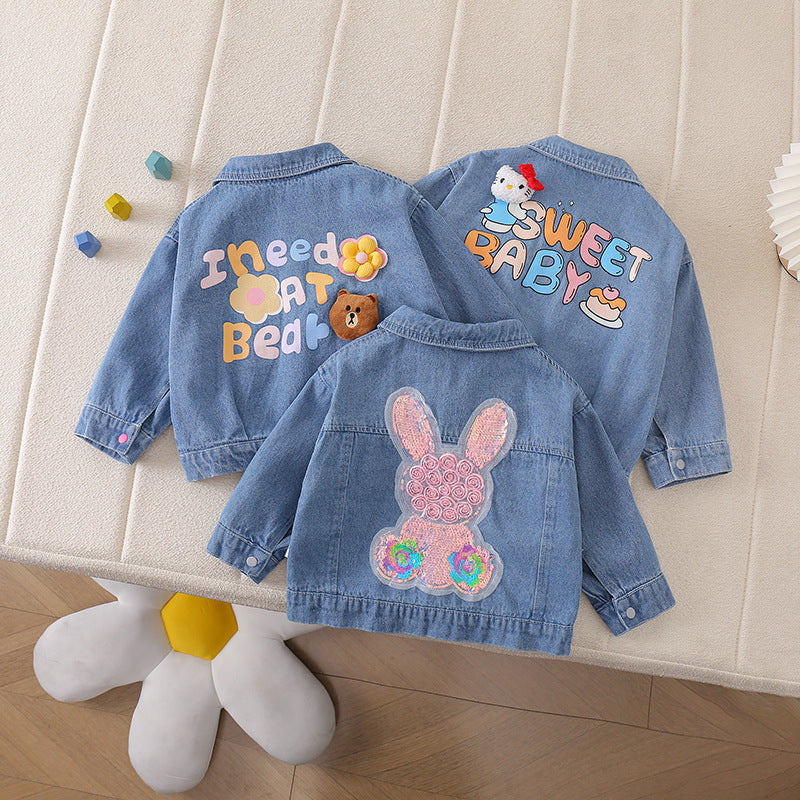 Cartoon Print Girls' Denim Jacket with Letter Detail