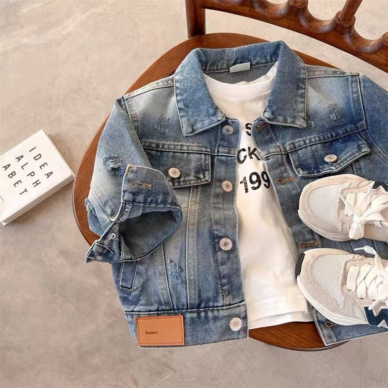 Solid Color Kids' Ripped Denim Jacket in Korean Style