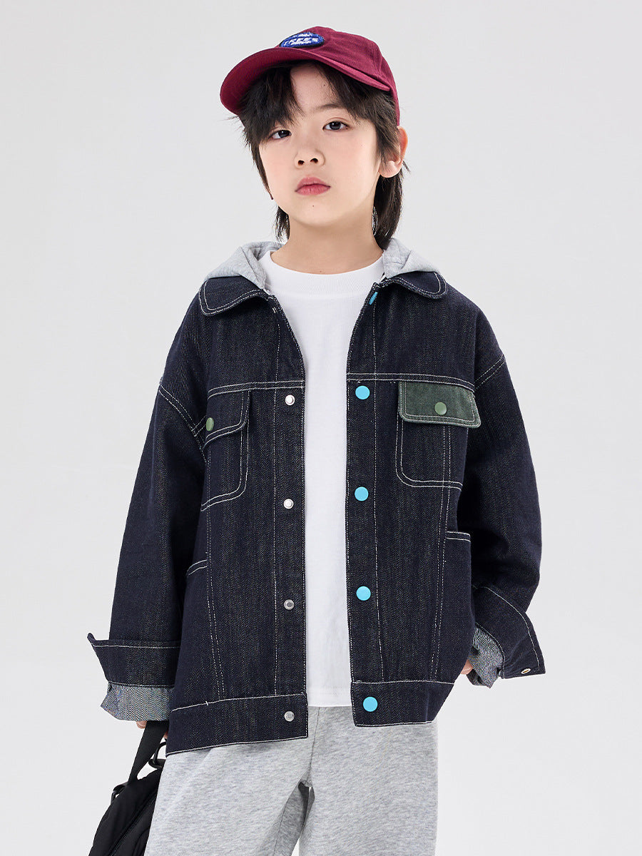 Detachable Hood Boys' Denim Jacket in Original Color