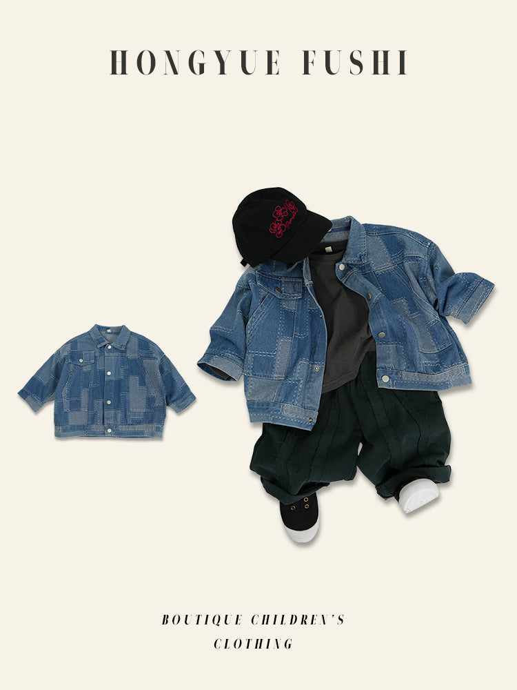 Retro Kids' Denim Jacket in Enzyme-Washed Solid Blue