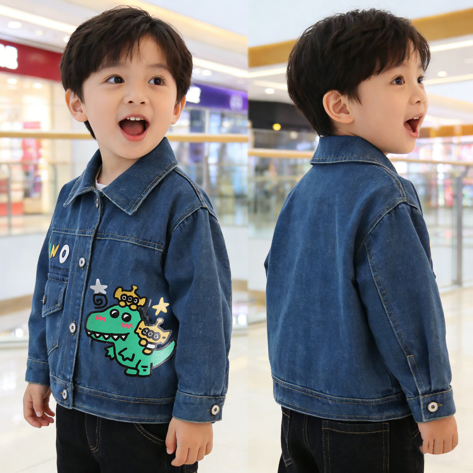 Cartoon Dinosaur Print Denim Jacket for Boys