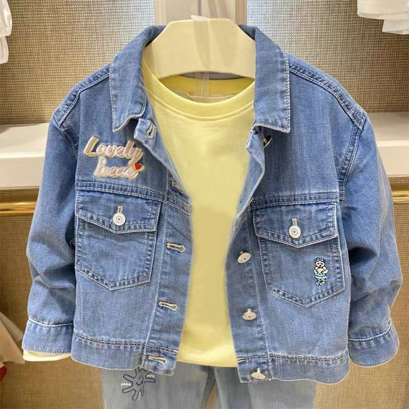 Back-Printed Girls' Denim Top with Cartoon Animal Design