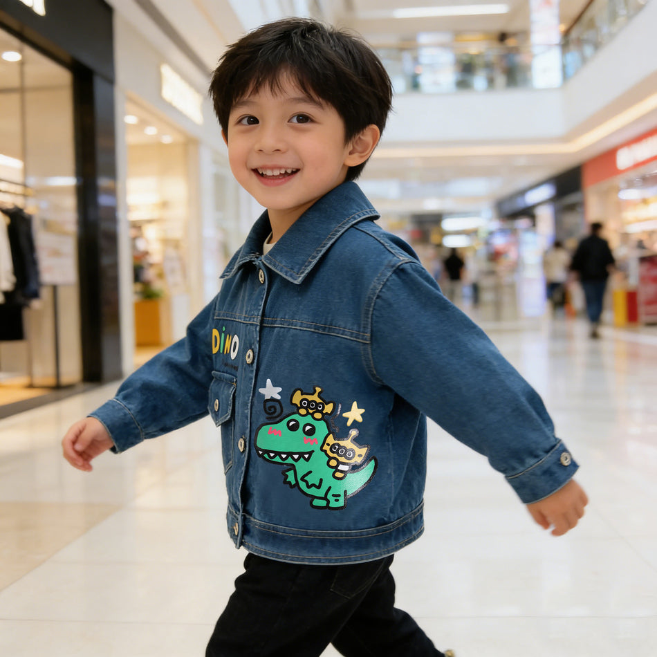 Cartoon Dinosaur Print Denim Jacket for Boys