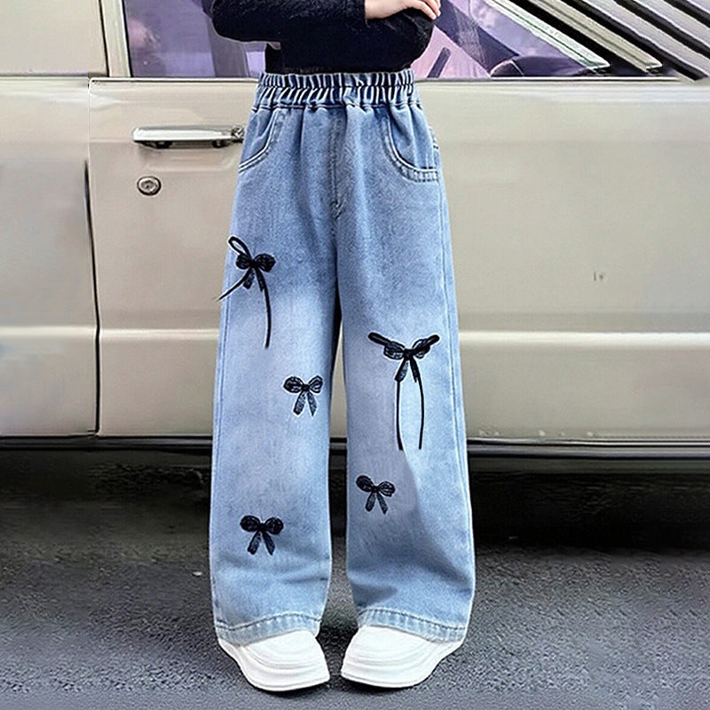 Straight-Leg Girls' Denim Jeans with 3D Bow Detail