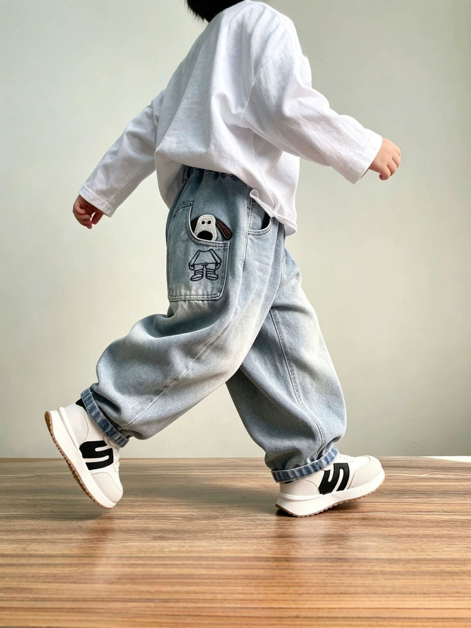 Embroidered Puppy Straight-Leg Jeans for Boys in Denim