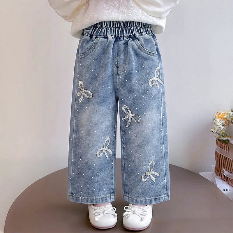 Washed Soft Denim Wide-Leg Jeans for Girls with Bow Detail