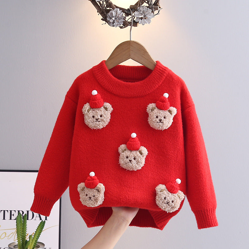 Unisex Soft Red Bear Accent Knit Sweater