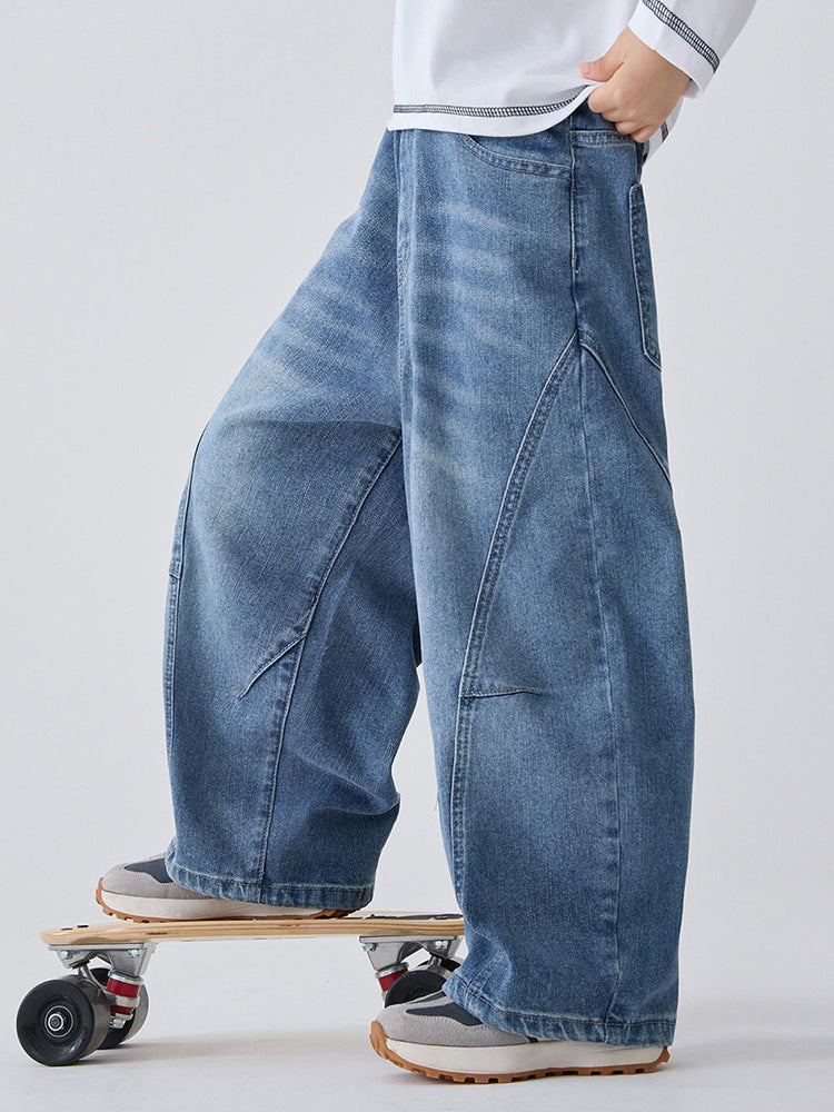 Washed Curved Jeans for Boys in Distressed Denim