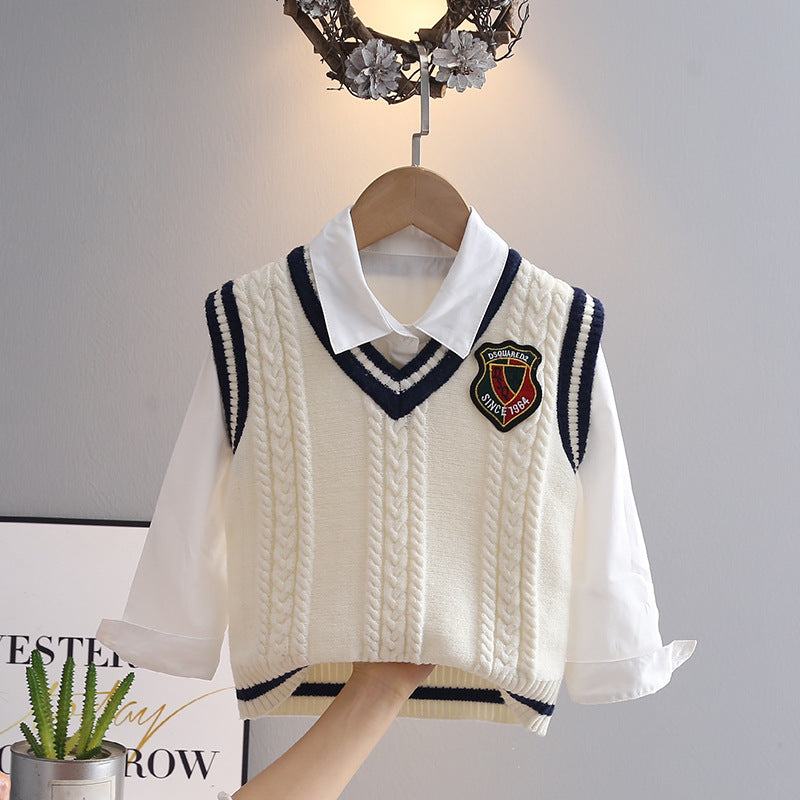 Unisex V-Neck Knit Sweater Vest & Shirt Set