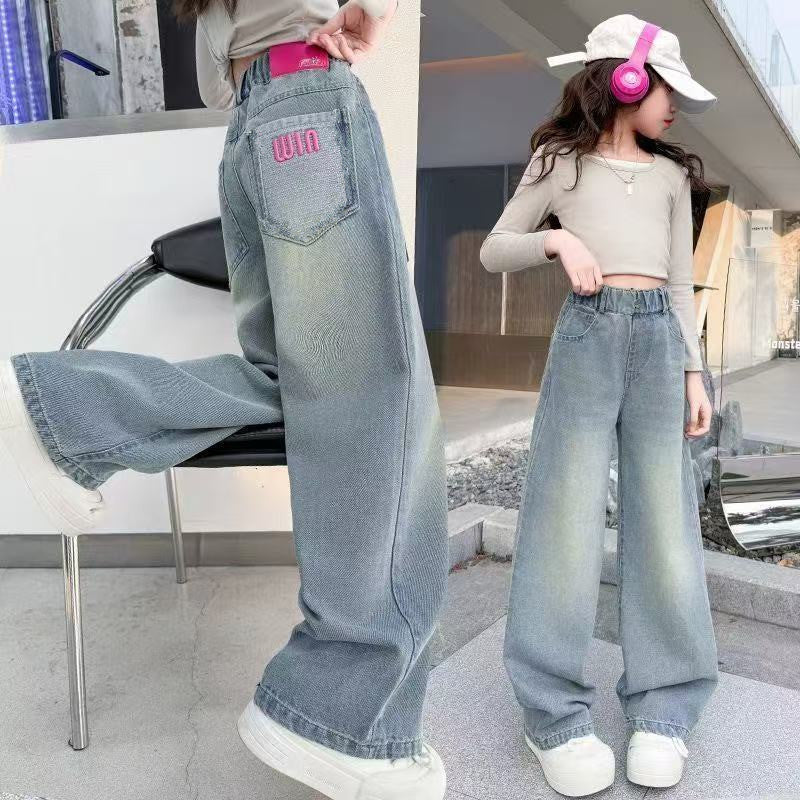 Loose Straight-Leg Denim Pants for Girls in Enzyme-Washed Cotton