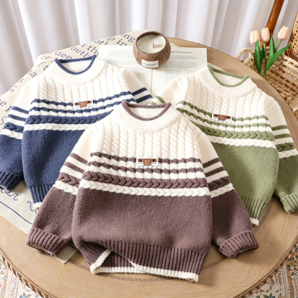Boys' Soft Korean Velvet Striped Crewneck Knit Pullover