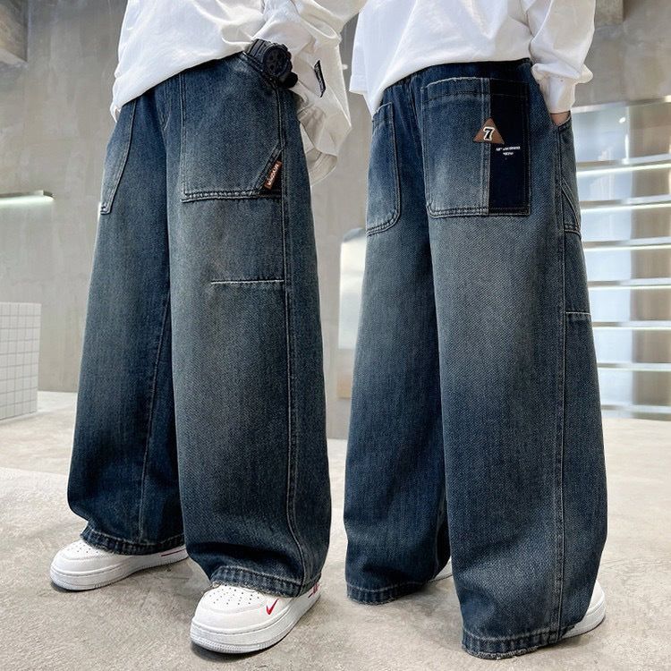 Wide-Leg Embroidered Jeans for Boys in Enzyme-Washed Denim