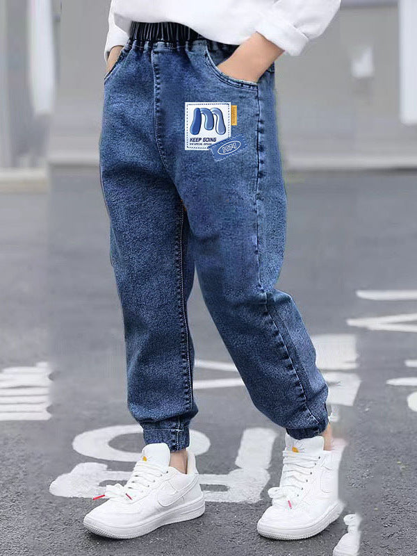 Cartoon Print Boys' Jeans in Soft-Treated Cotton Blend