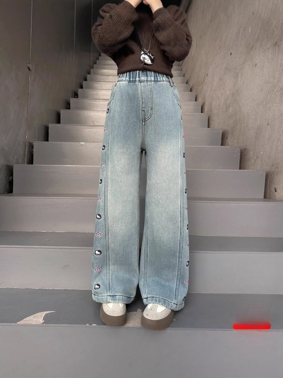Slim High-Waisted Wide-Leg Jeans for Girls with Letter Detail